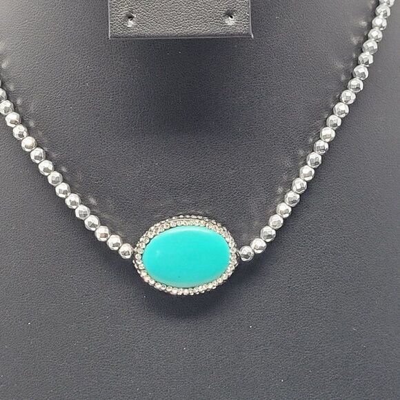 Vintage 90s Signed LUC Silver Bicone Rhinestone Faux Turquoise Oval Pendant Coll - Picture 2 of 13